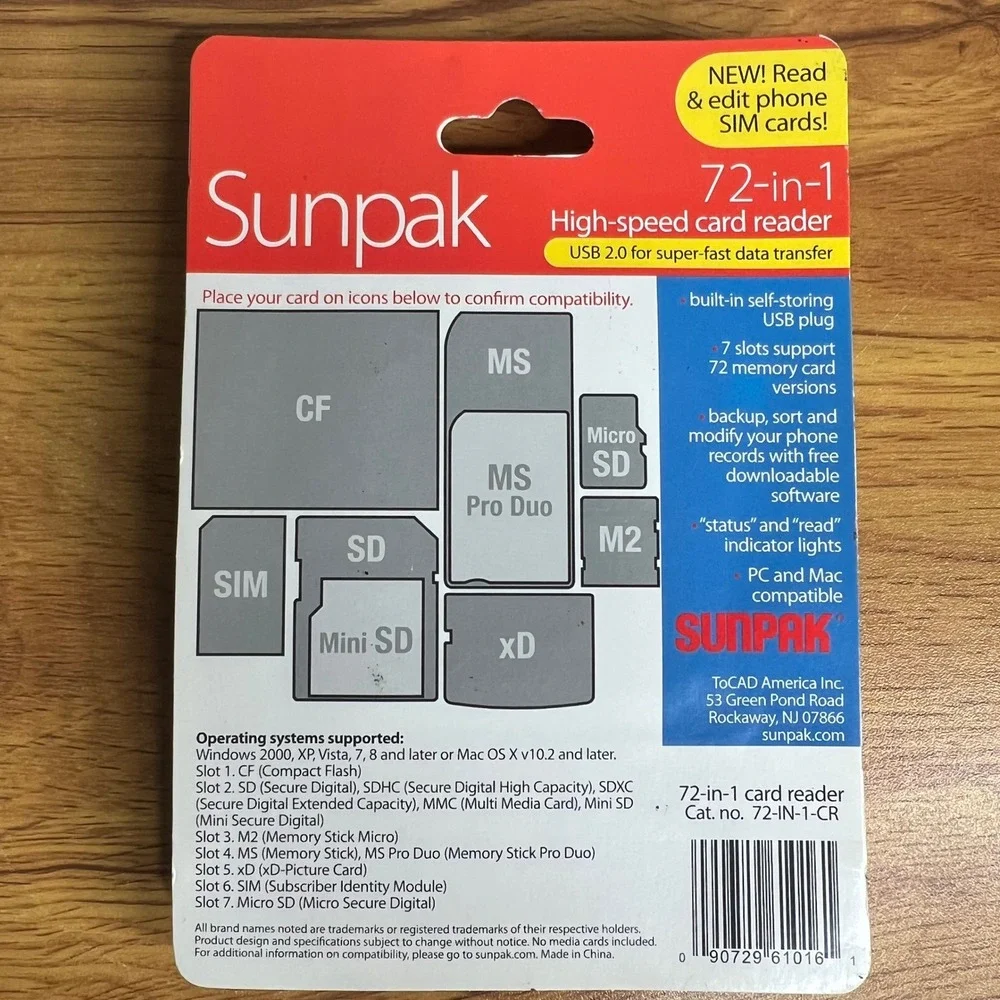 Sunpak 72-in-1 High-Speed Card Reader Built In USB 2.0 Self Storage Plug SEALED